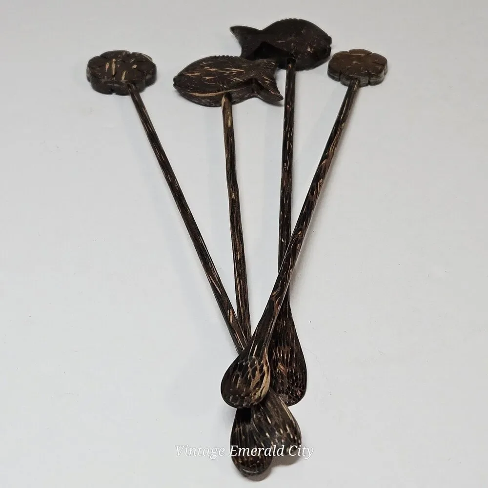 Vtg Coconut Drink Stirs Sticks Fish Flower Mini Spoons Luau Tiki Bar Beach Party
